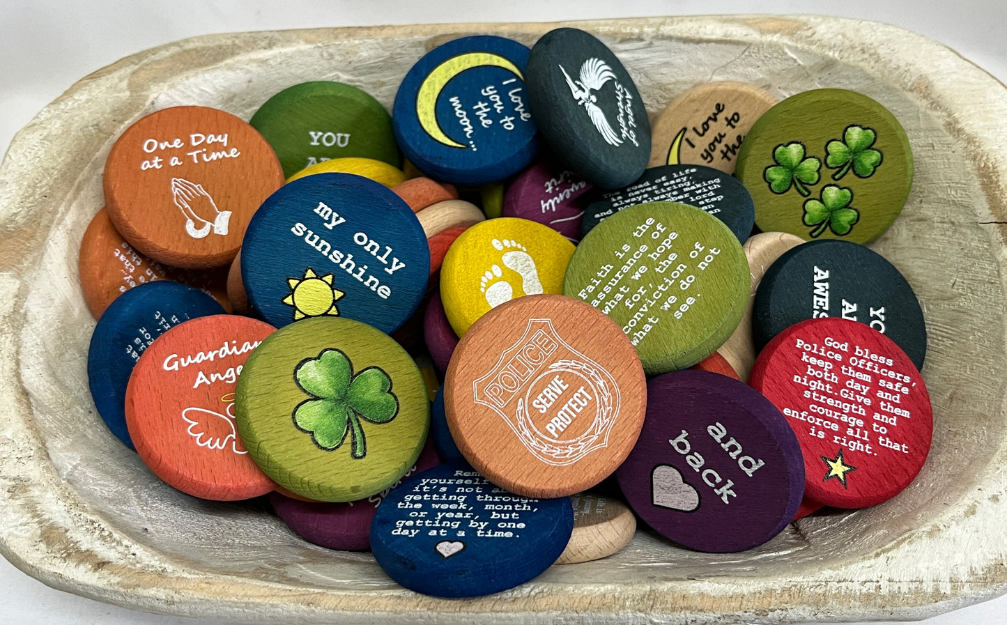 Inspirational Wood Coin Tokens Bulk Quantity & Dough Bowl Displays