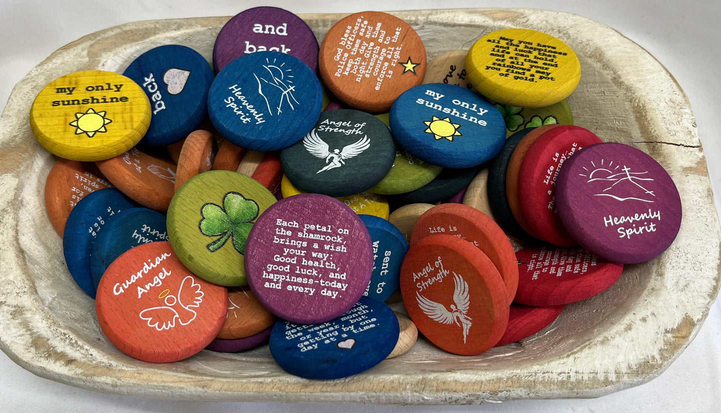 Inspirational Wood Coin Tokens Bulk Quantity & Dough Bowl Displays
