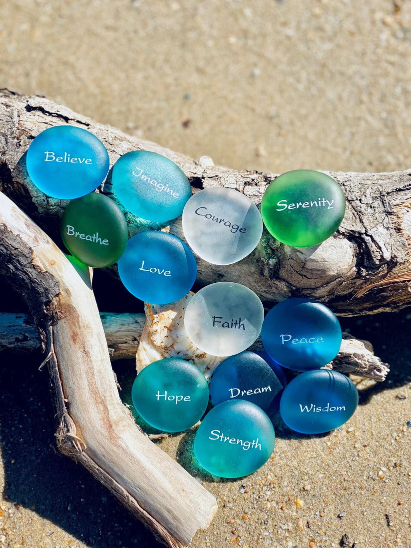 Sea Glass - Imprinted Glass Word Stones - Display Packages