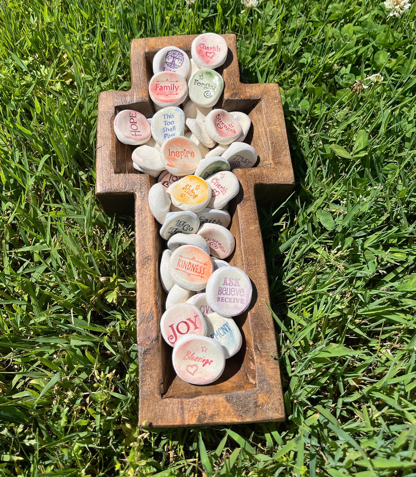 Ceramic Spiritual Word Stones (50 mix) in Cross Bowl Display