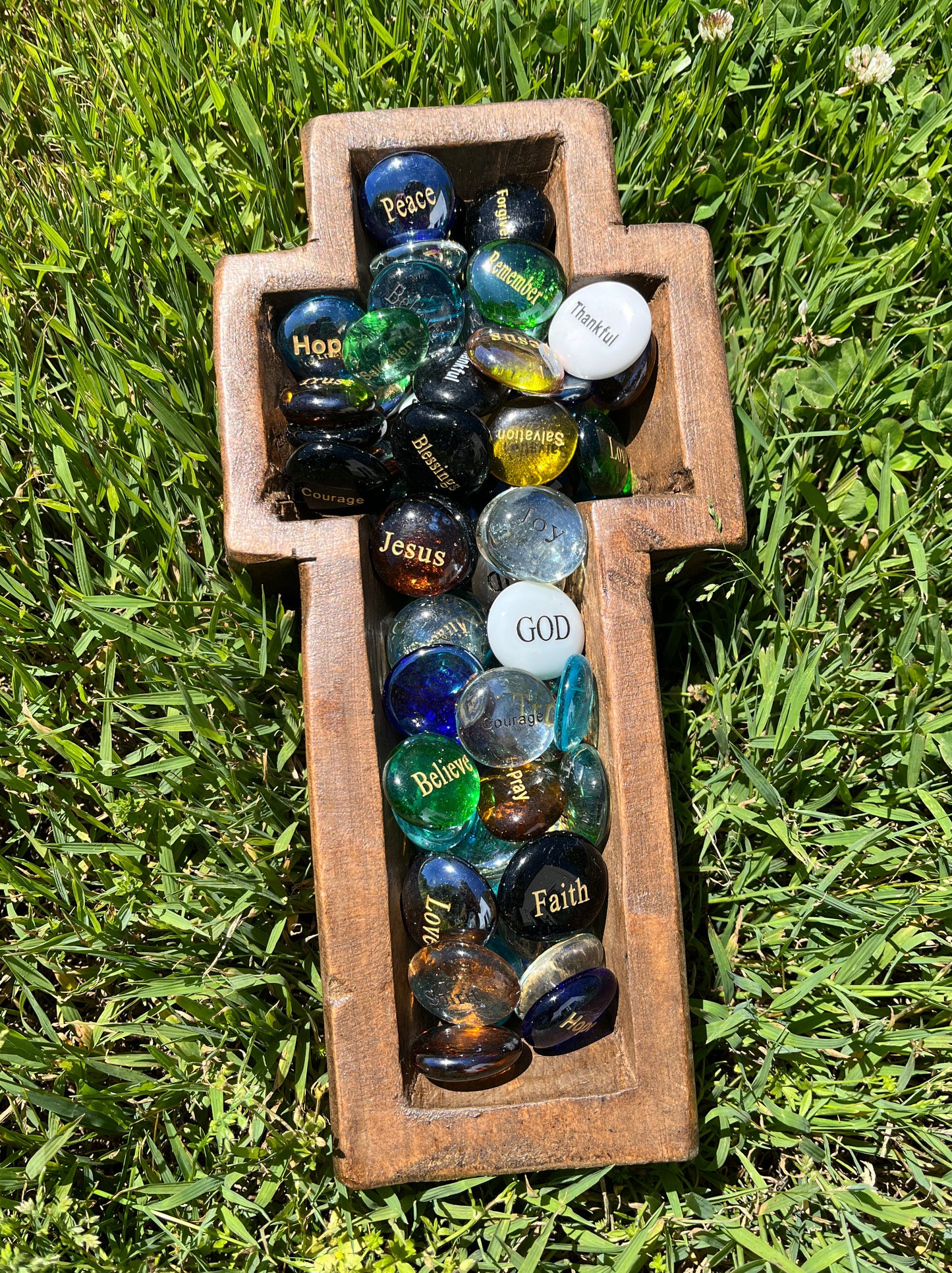 Engraved Glass Spiritual Word Stones (75) Cross Bowl Display