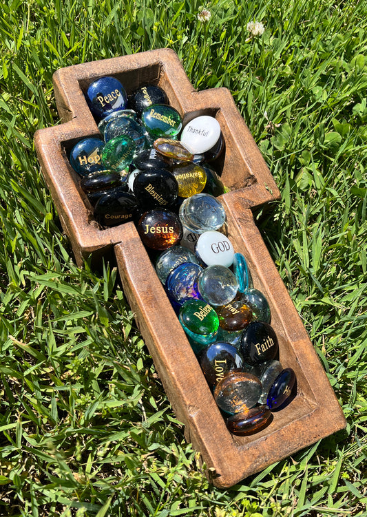 Engraved Glass Spiritual Word Stones (75) Cross Bowl Display