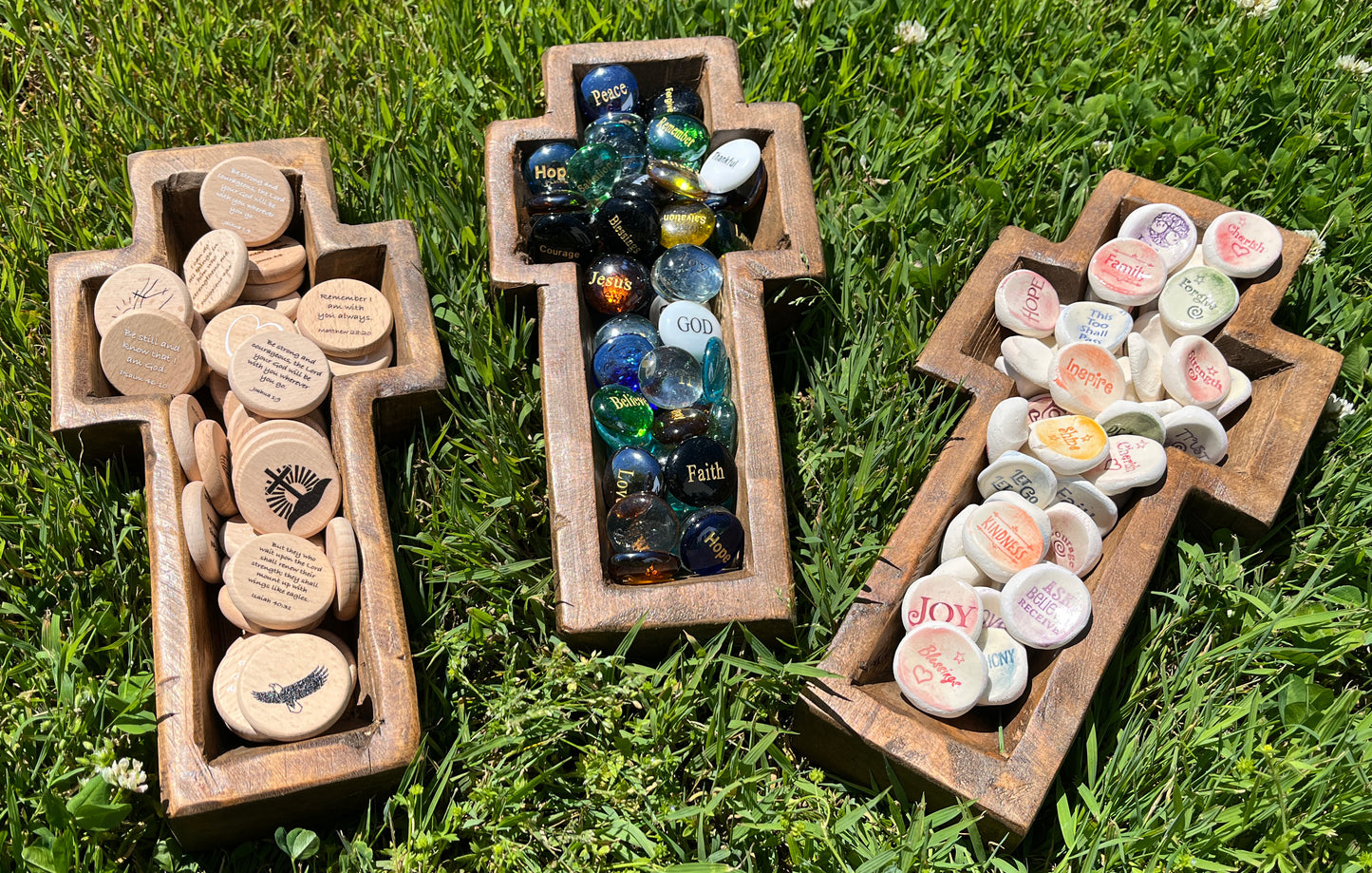 Set of 3 Cross Bowl Displays w/160+ Christian Stones & Coins