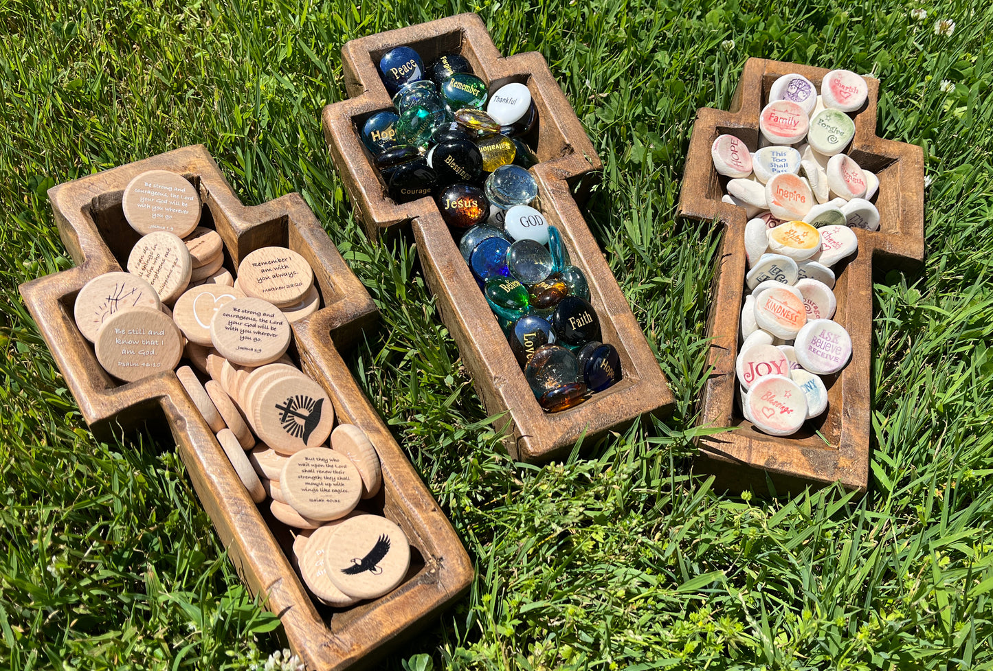 Set of 3 Cross Bowl Displays w/160+ Christian Stones & Coins