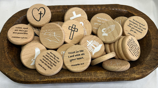 Scripture Verse Wood Coin Tokens Bulk Quantity & Dough Bowl Displays
